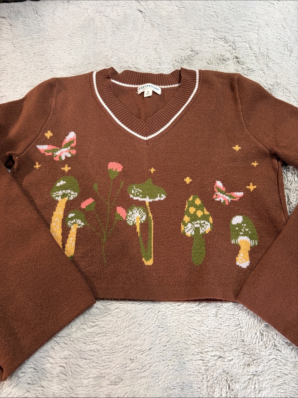 EARTHBOUND Brown V-Neck Sweater with Mushroom & Butterfly Motifs